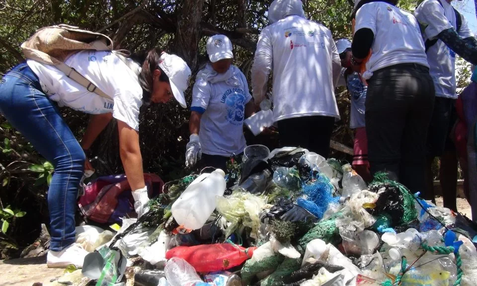Students participating on beach clean up