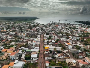 Aerial view of Puerto Ayora on Santa Cruz Island, home to nearly 20,000 people, who proudly celebrate their provincialization festivities.