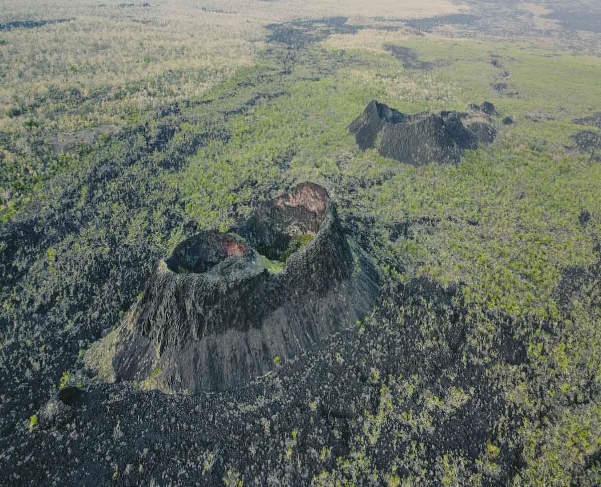 The idyllic volcanic cone in the Los Pegas sector of Cerro Azul Volcano, home to the Galápagos giant tortoise (Chelonoidis vicina), an endemic species now recovering its population size.