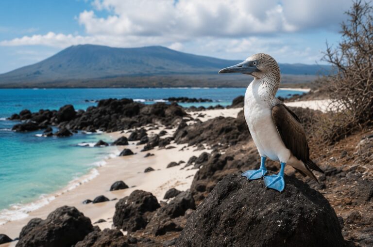 Blue-footed booby perched on volcanic rocks along the Galapagos coastline with a volcanic island and turquoise waters in the background.